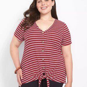 Lane Bryant Berry Striped Classic Button-Front Knit Tee With Tie-Hem Size 18/20